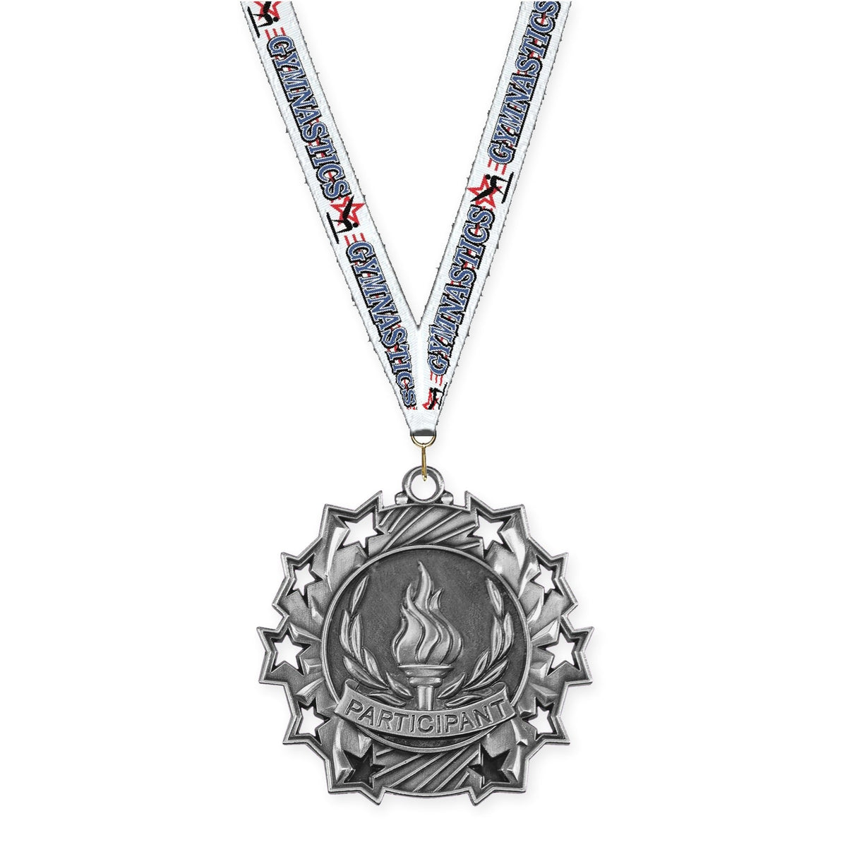 2 1/4 inch Participant Ten Star medal in antique silver with Gymnastics neck ribbon