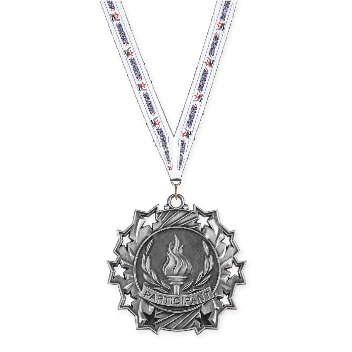 2 1/4 inch Participant Ten Star medal in antique silver with Hockey neck ribbon