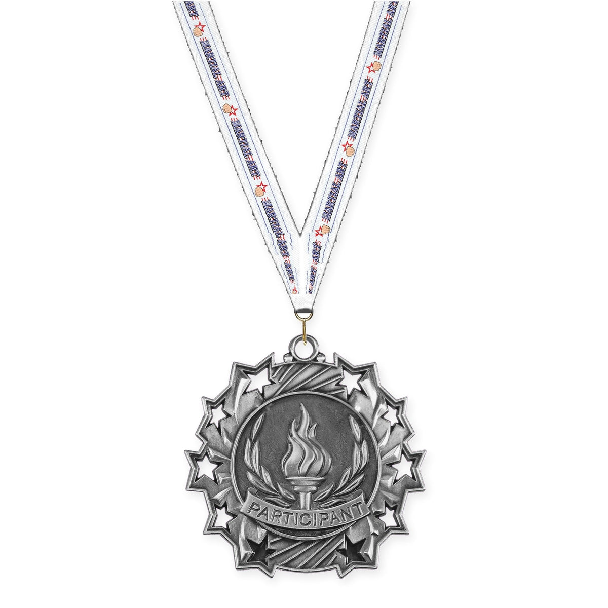 2 1/4 inch Participant Ten Star medal in antique silver with Martial Arts neck ribbon