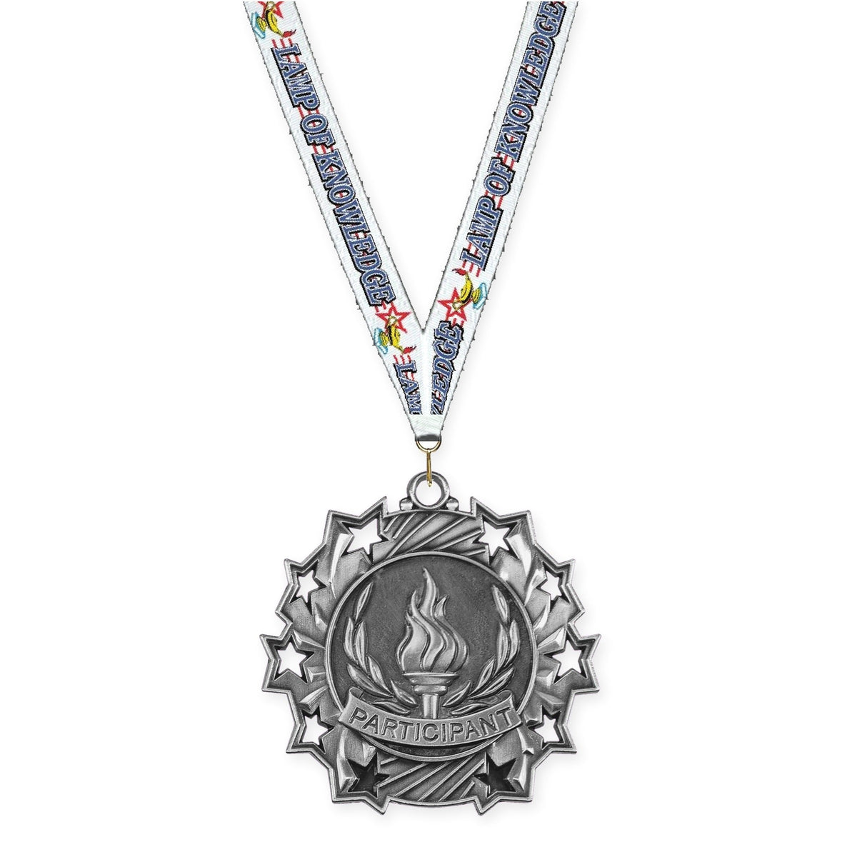 2 1/4 inch Participant Ten Star medal in antique silver with Lamp Of Knowledge neck ribbon