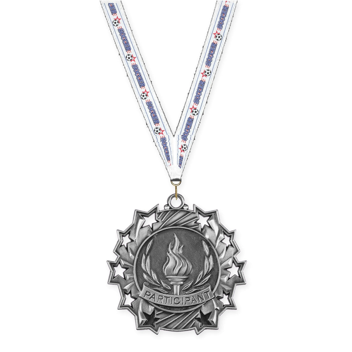 2 1/4 inch Participant Ten Star medal in antique silver with Soccer neck ribbon