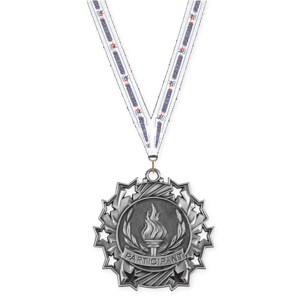 2 1/4 inch Participant Ten Star medal in antique silver with Swimming neck ribbon