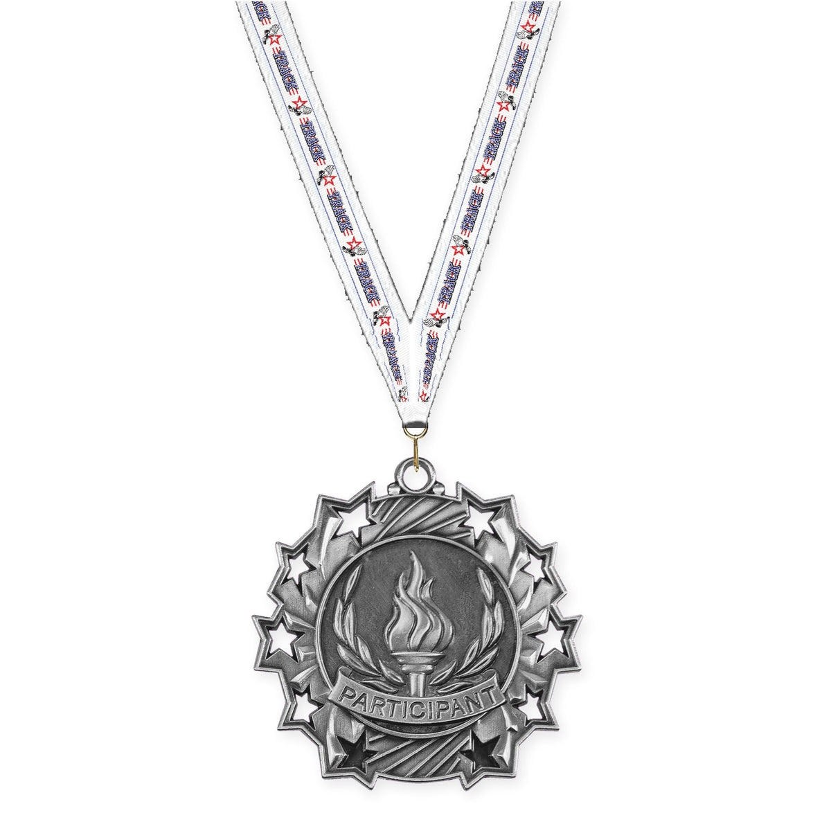 2 1/4 inch Participant Ten Star medal in antique silver with Track neck ribbon