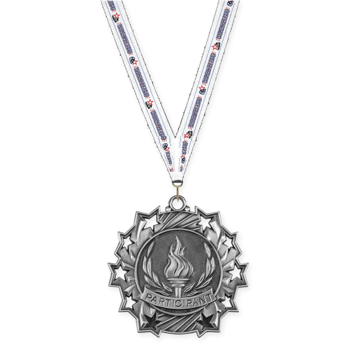 2 1/4 inch Participant Ten Star medal in antique silver with Wrestling neck ribbon