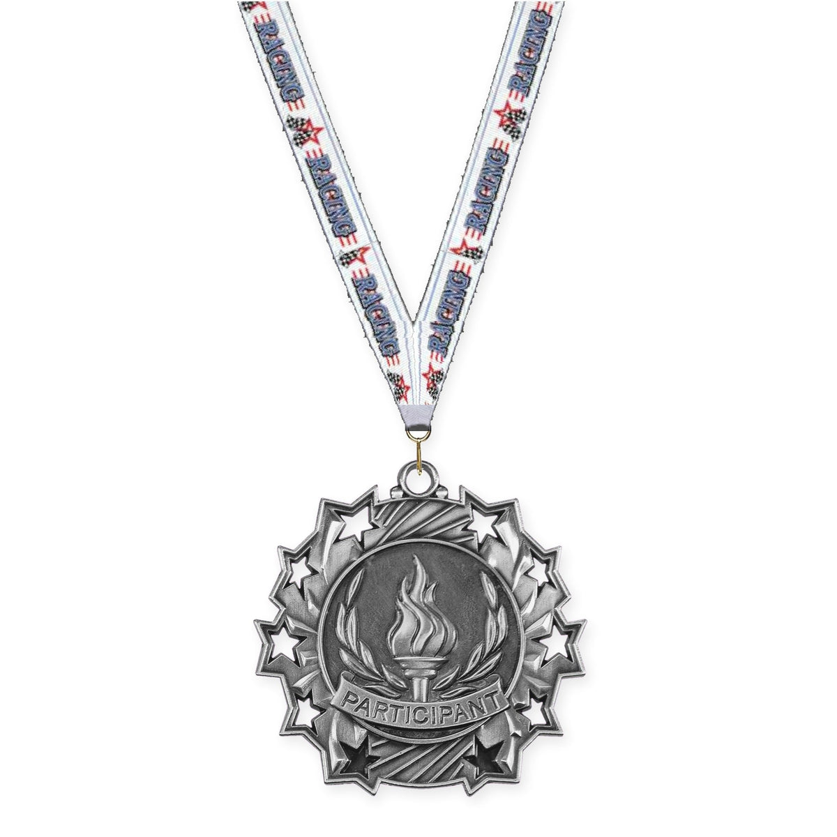 2 1/4 inch Participant Ten Star medal in antique silver with Auto Racing neck ribbon