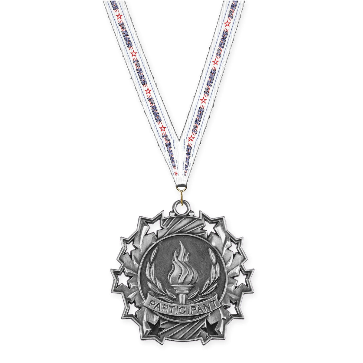 2 1/4 inch Participant Ten Star medal in antique silver with 1st Place neck ribbon
