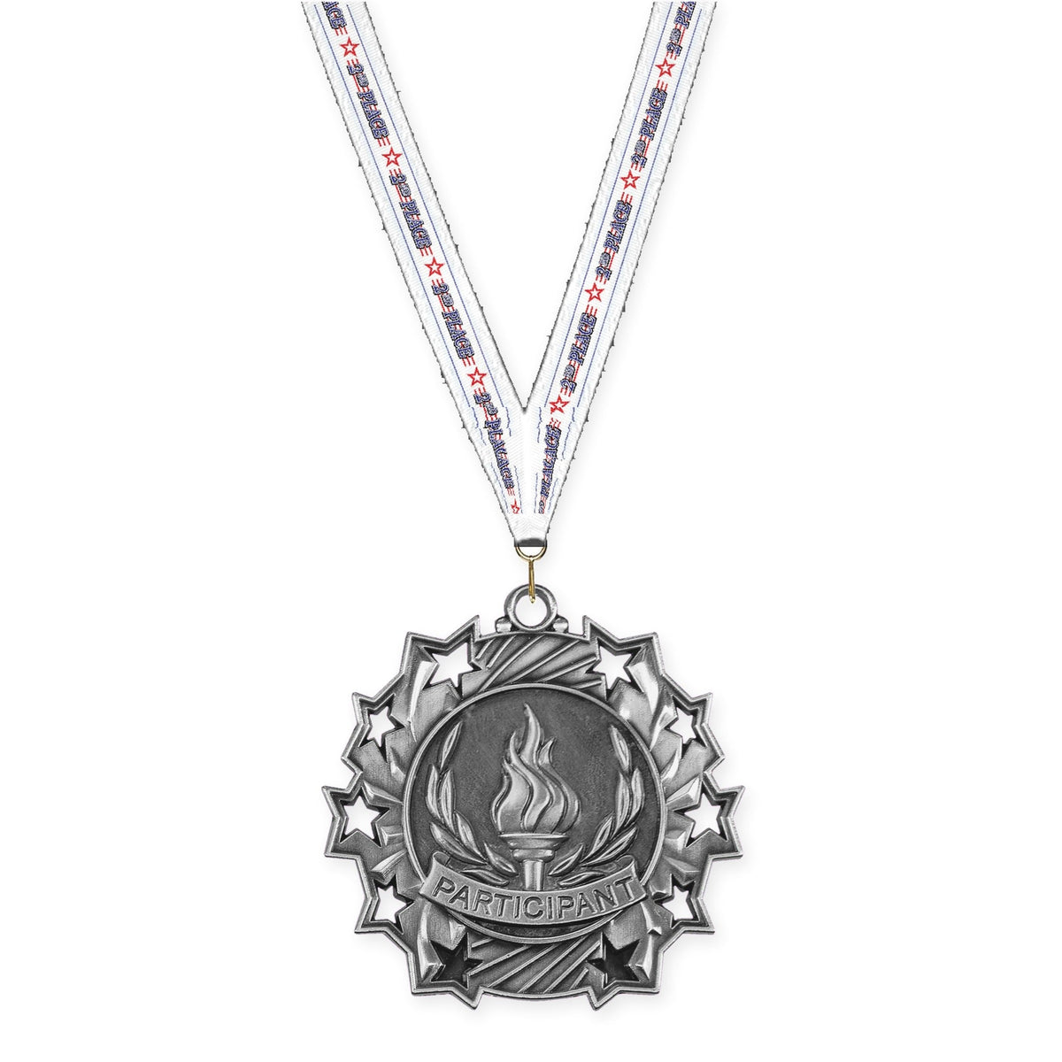 2 1/4 inch Participant Ten Star medal in antique silver with 2nd Place neck ribbon