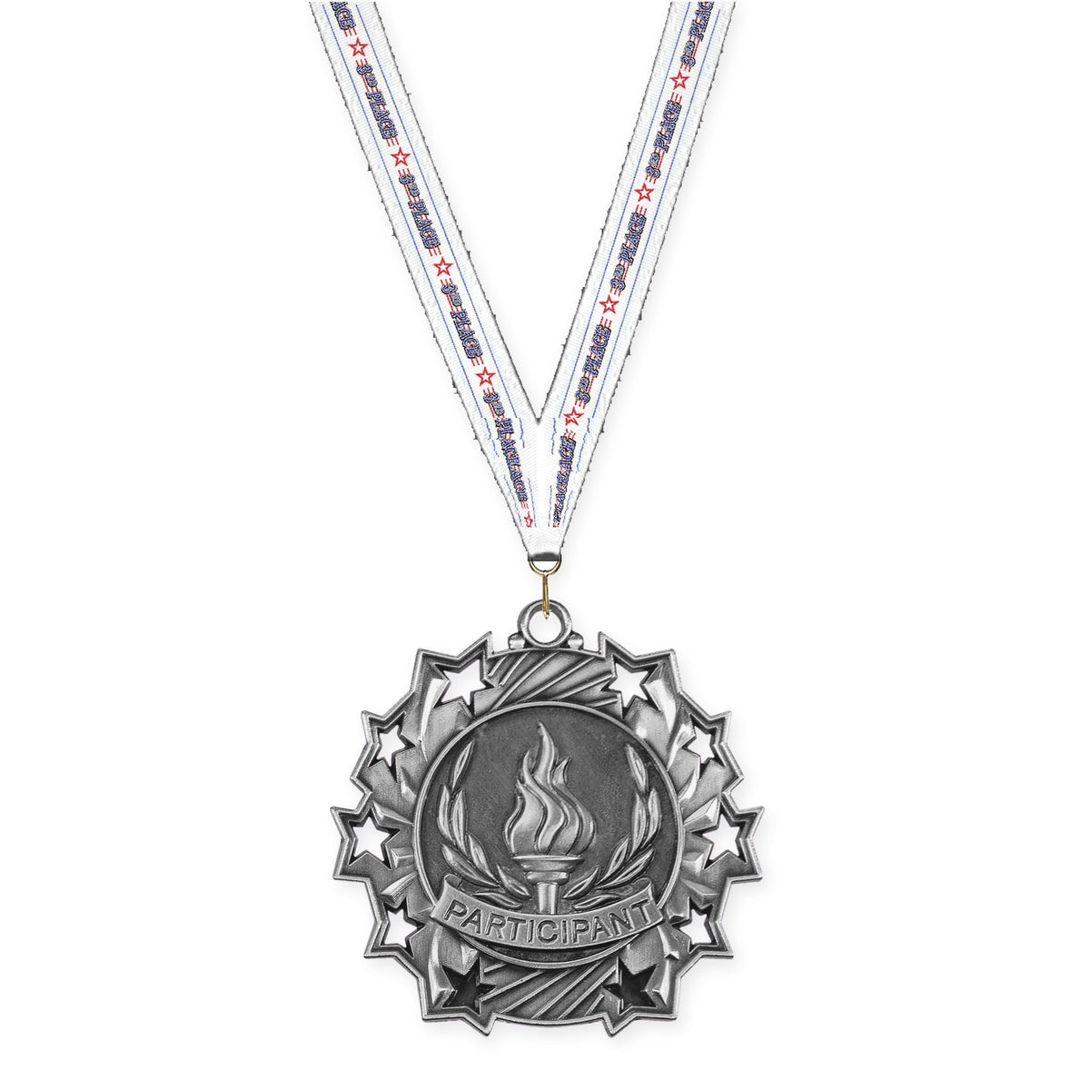 2 1/4 inch Participant Ten Star medal in antique silver with 3rd Place neck ribbon