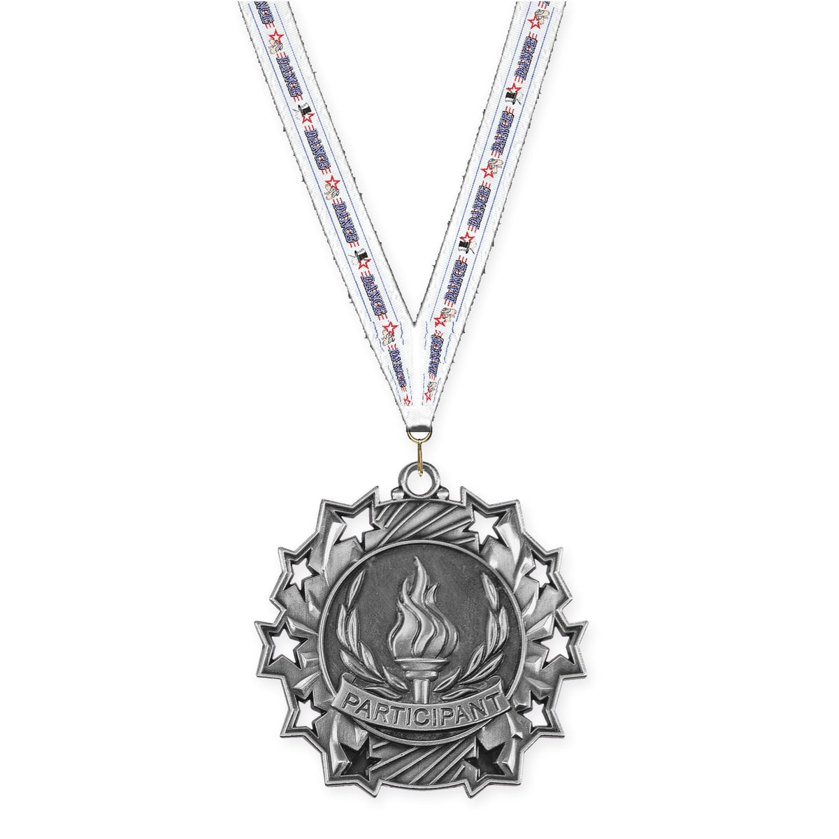 2 1/4 inch Participant Ten Star medal in antique silver with Dance neck ribbon