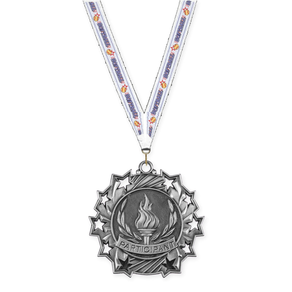2 1/4 inch Participant Ten Star medal in antique silver with Softball neck ribbon