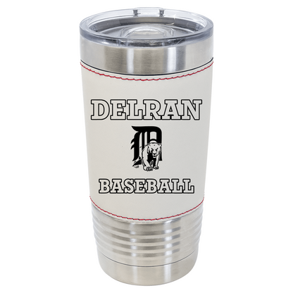 Stainless steel tumbler with 'Delran Baseball' text and logo on a white background