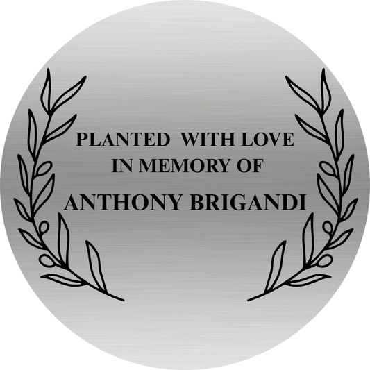 A circular memorial plaque with a brushed silver metallic finish, featuring black engraved text that reads 'PLANTED WITH LOVE IN MEMORY OF ANTHONY BRIGANDI' framed by black laurel branches.