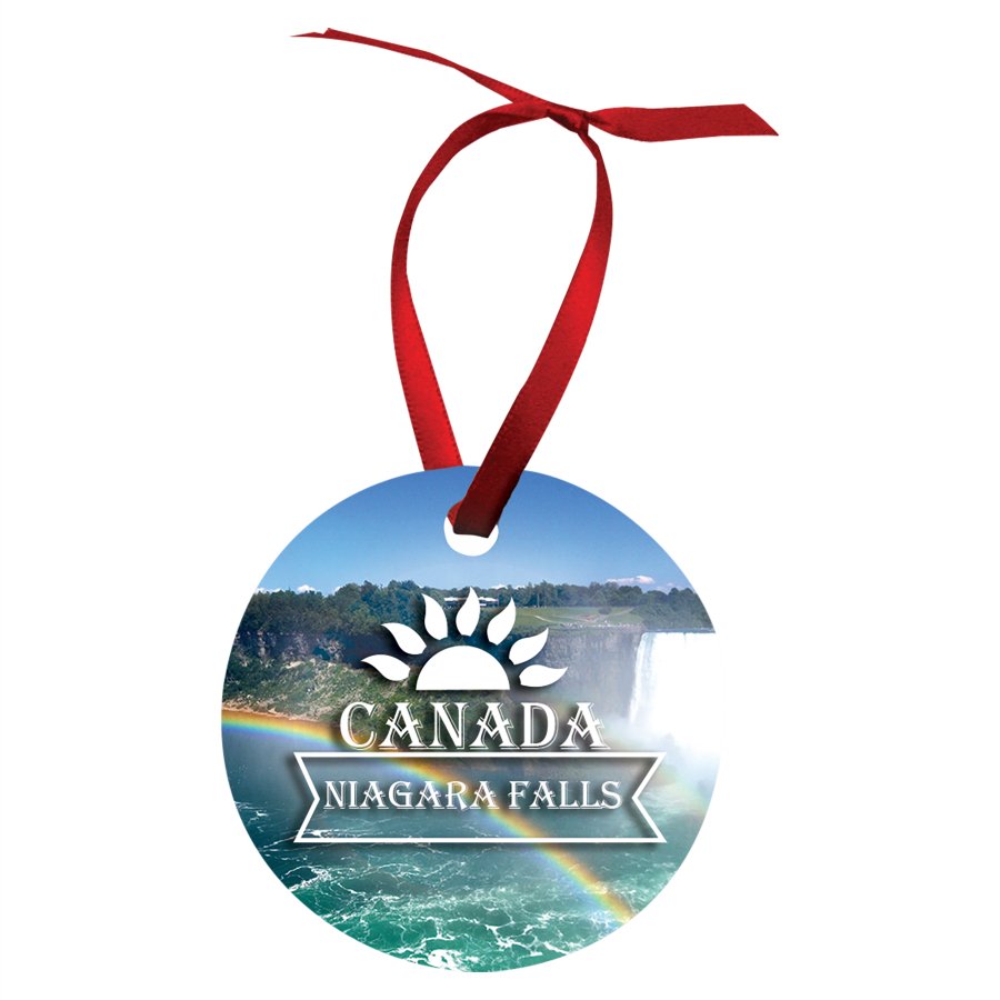 Round double-sided white metal photo ornament with satin ribbon