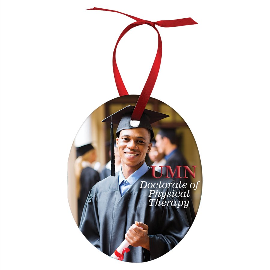 Oval double-sided white metal photo ornament with satin ribbon