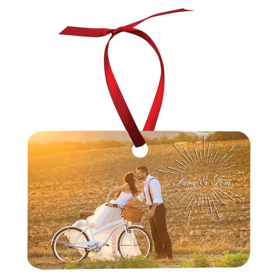 Horizontal rectangle double-sided white metal photo ornament with satin ribbon