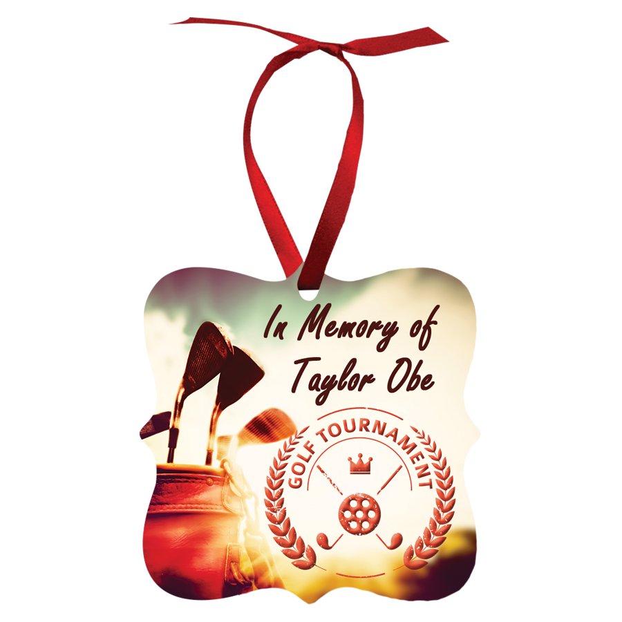 Ornate square double-sided white metal photo ornament with satin ribbon