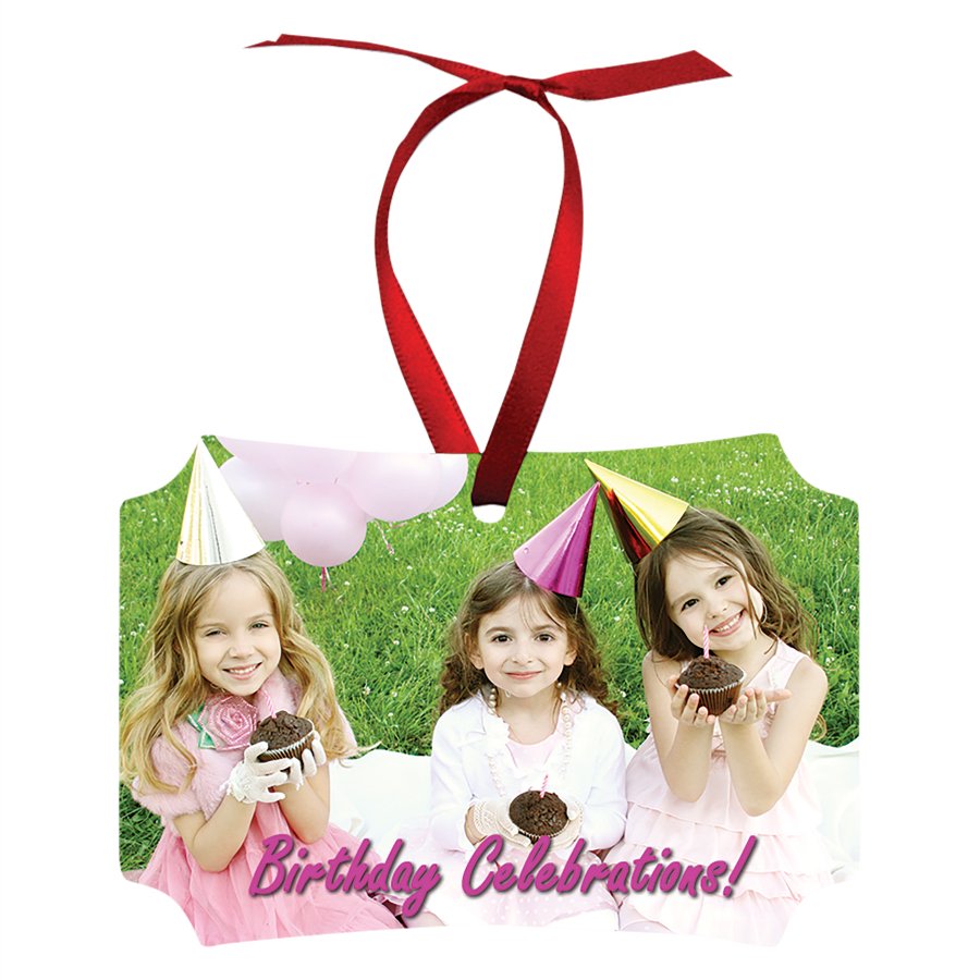 Ornate rectangle double-sided white metal photo ornament with satin ribbon