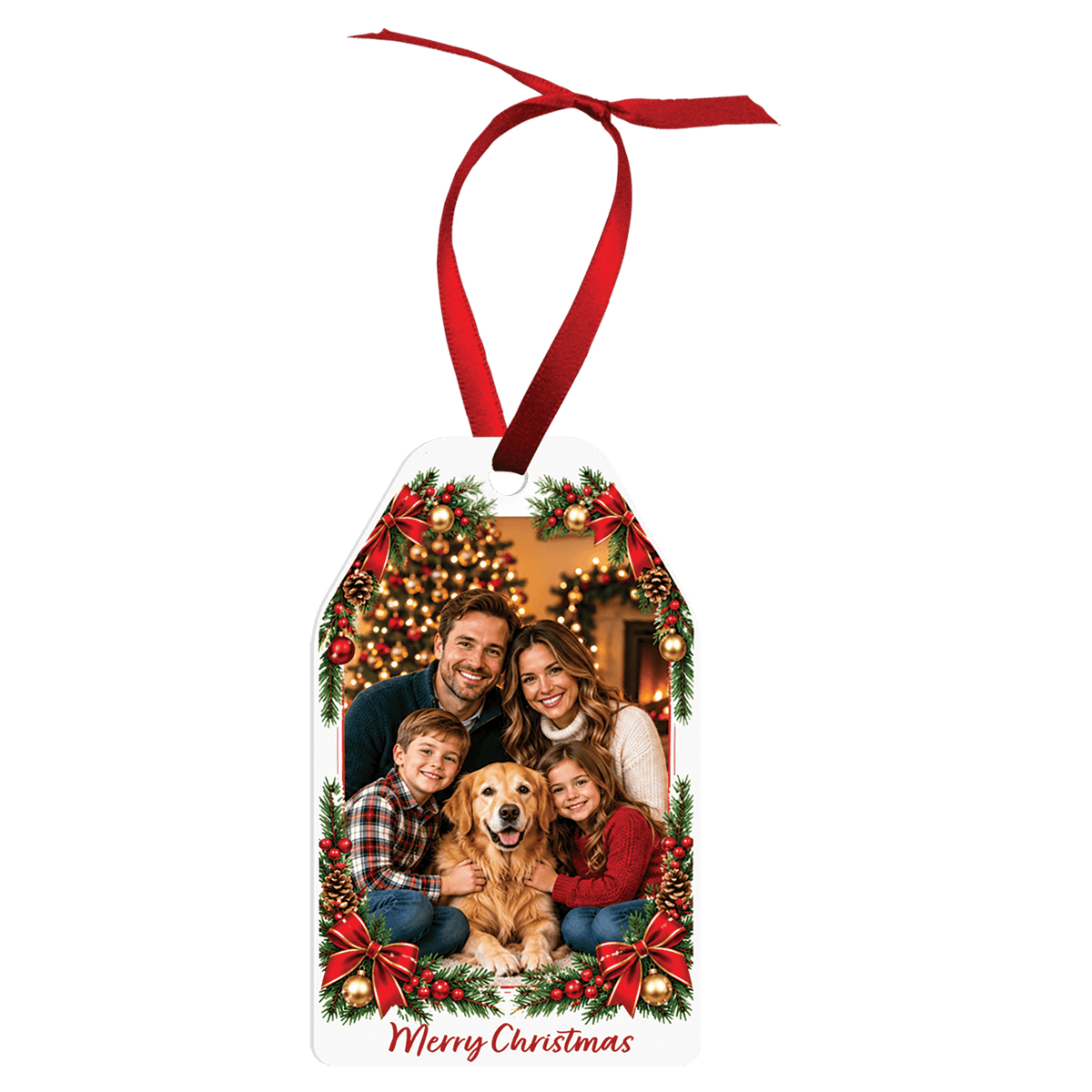 Gift tag double-sided white metal photo ornament with red ribbon
