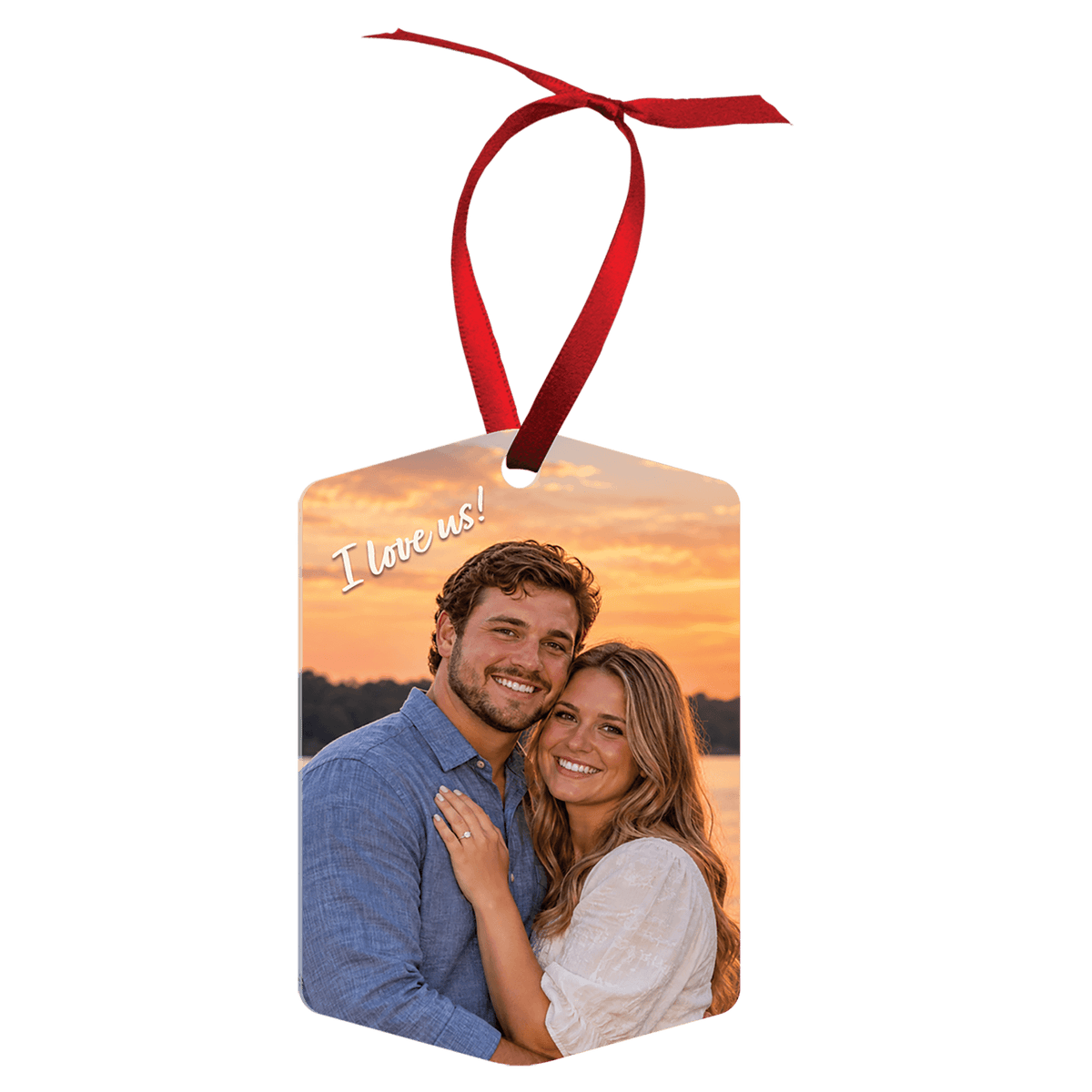 Angled tag double-sided white metal photo ornament with red ribbon