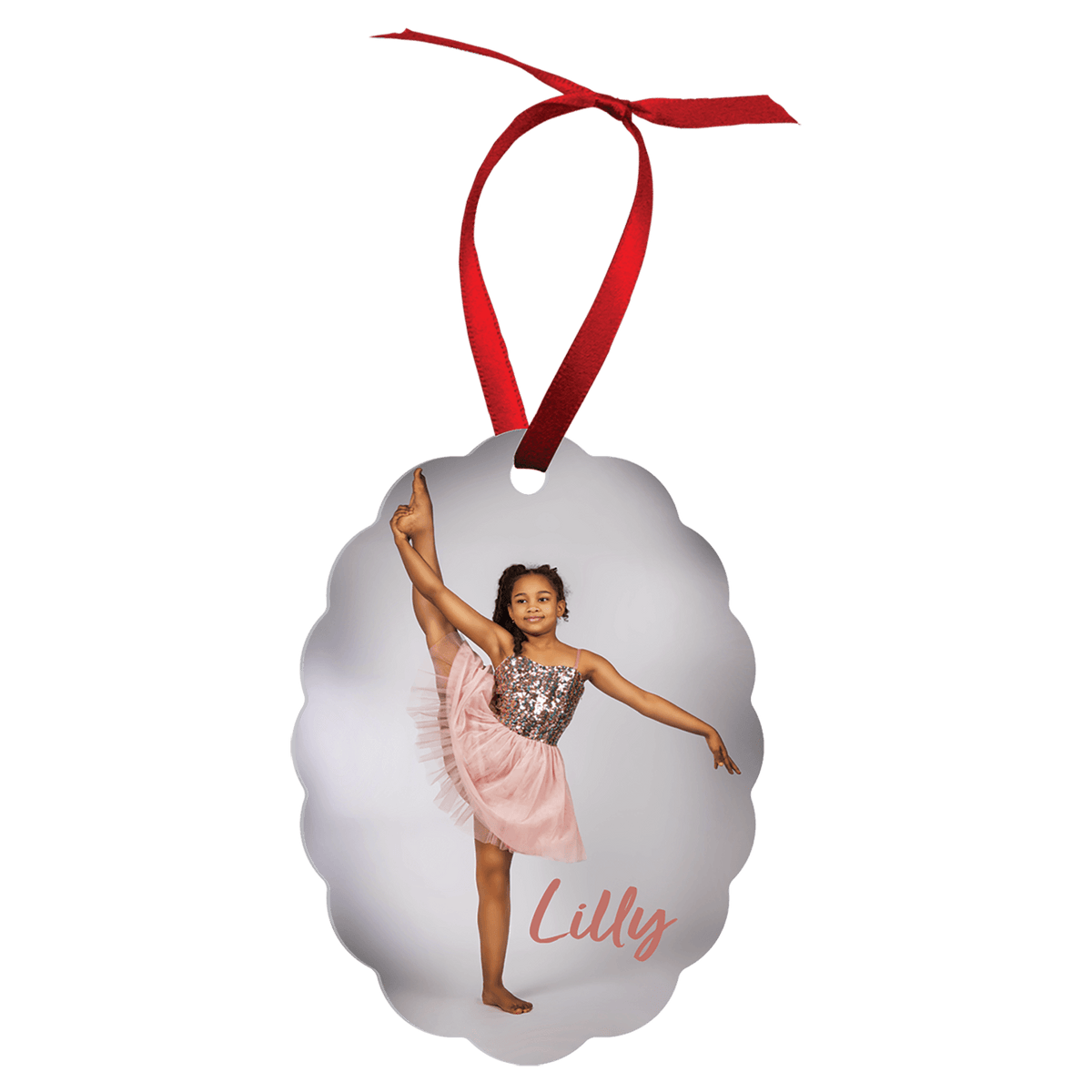 Scalloped oval double-sided white metal photo ornament with red ribbon