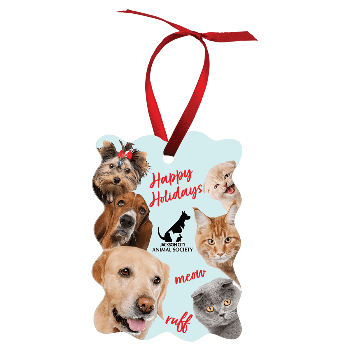 Wavy rectangle double-sided white metal photo ornament with red ribbon