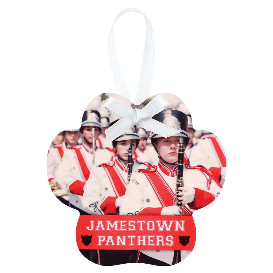 Paw print double-sided white metal photo ornament with satin ribbon