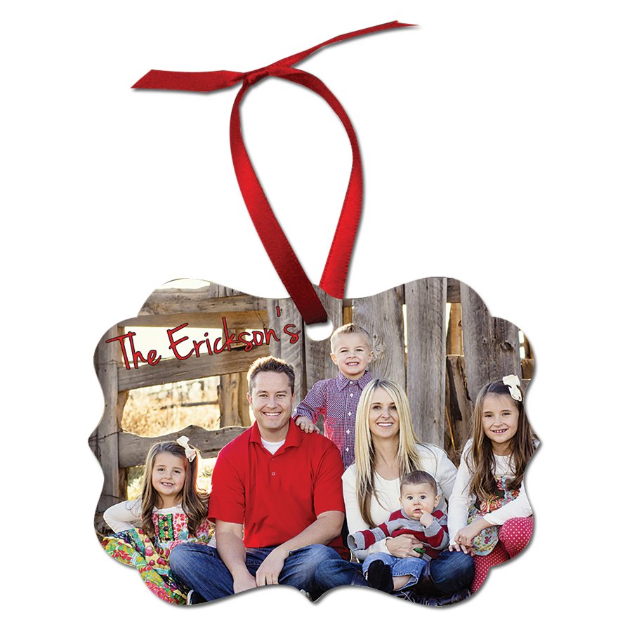 Decorative rectangle white metal photo ornament with ribbon