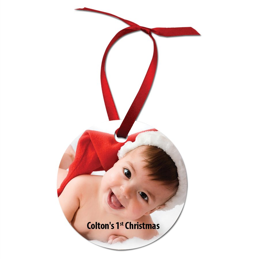 Round white metal photo ornament with ribbon