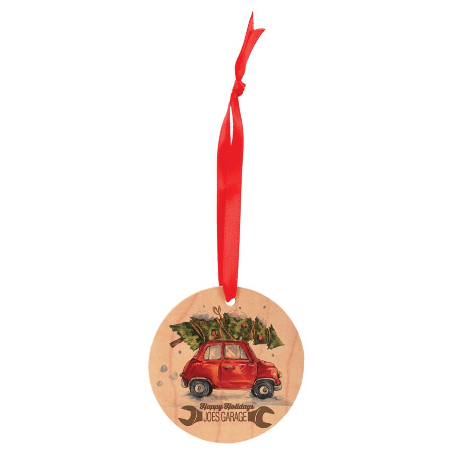 Round maple wood photo ornament with red ribbon