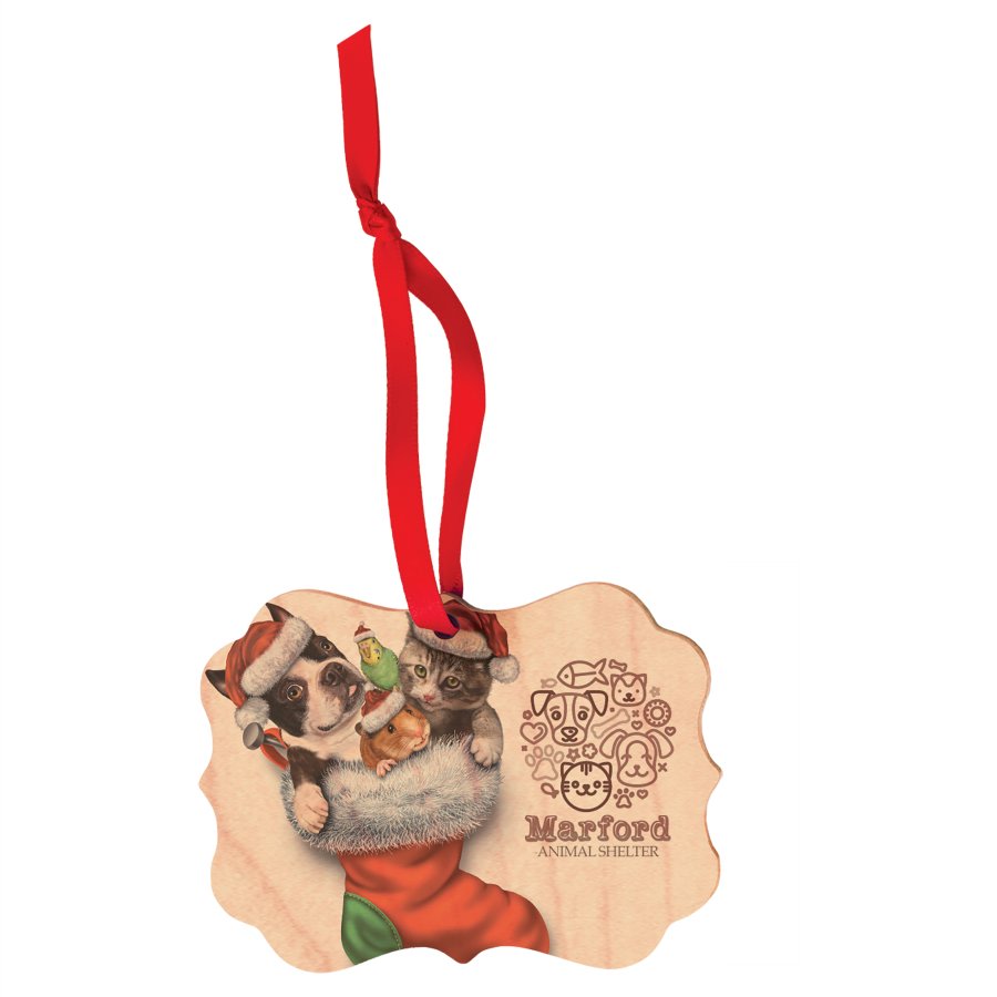 Decorative rectangle maple wood photo ornament with red ribbon