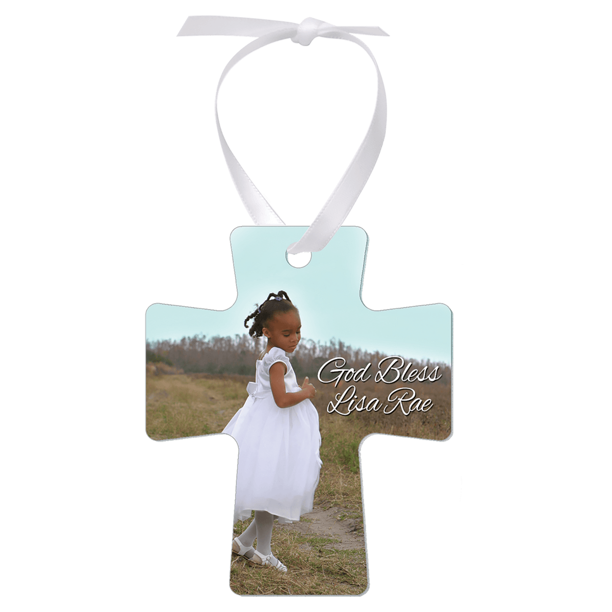 Cross double-sided white metal photo ornament with white ribbon