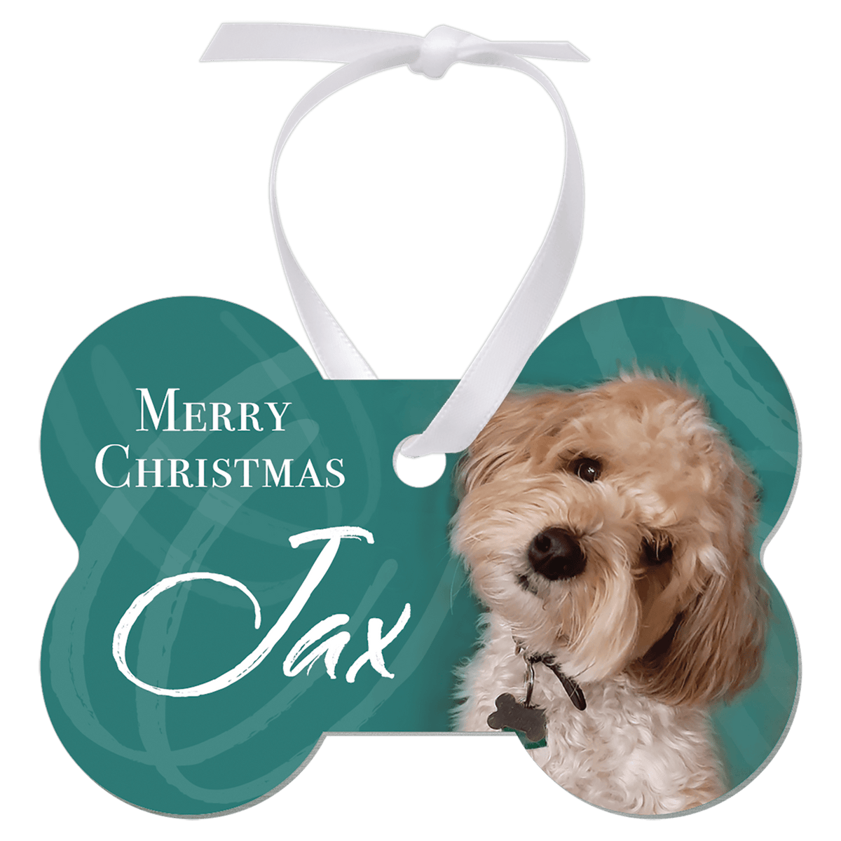 Dog bone white metal photo ornament with white ribbon