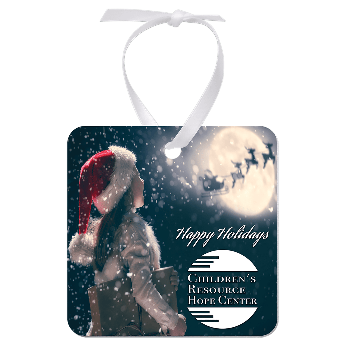 Square white metal photo ornament with white ribbon