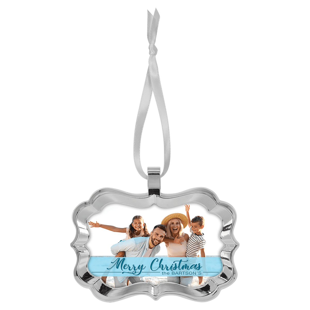 Decorative rectangle silver framed photo ornament with white ribbon