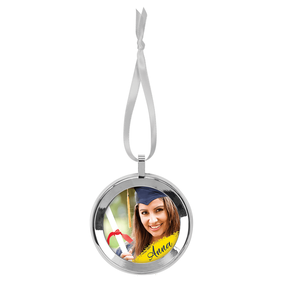 Round silver framed photo ornament with white ribbon
