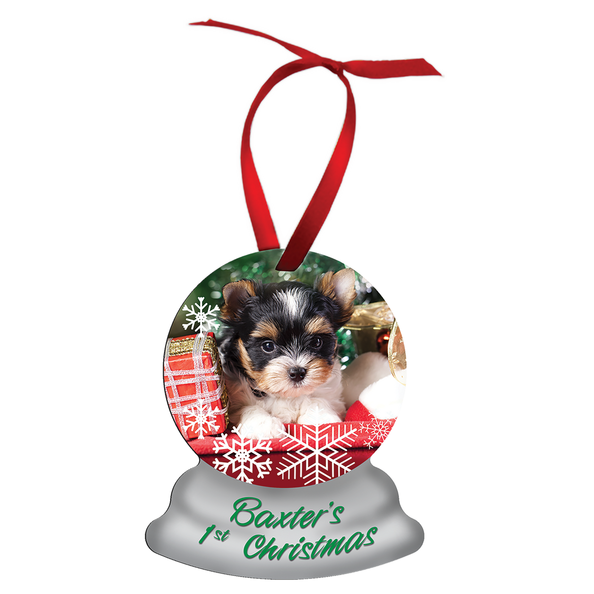 Snow globe double-sided white metal photo ornament with red ribbon