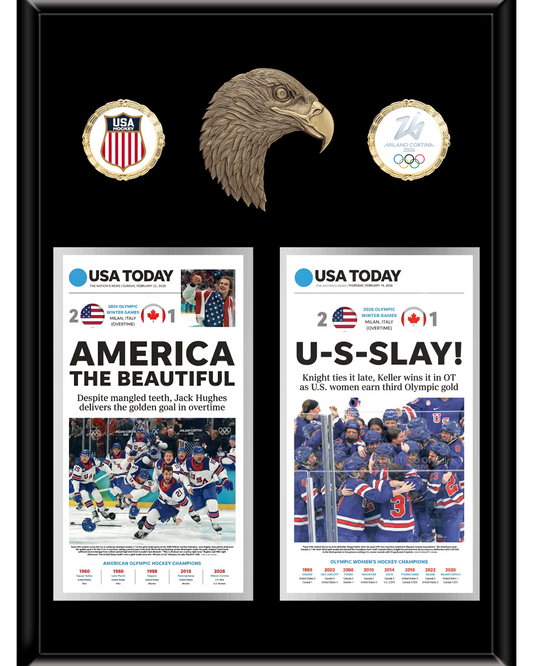 Framed sports memorabilia with USA Today newspaper clippings and an eagle emblem.