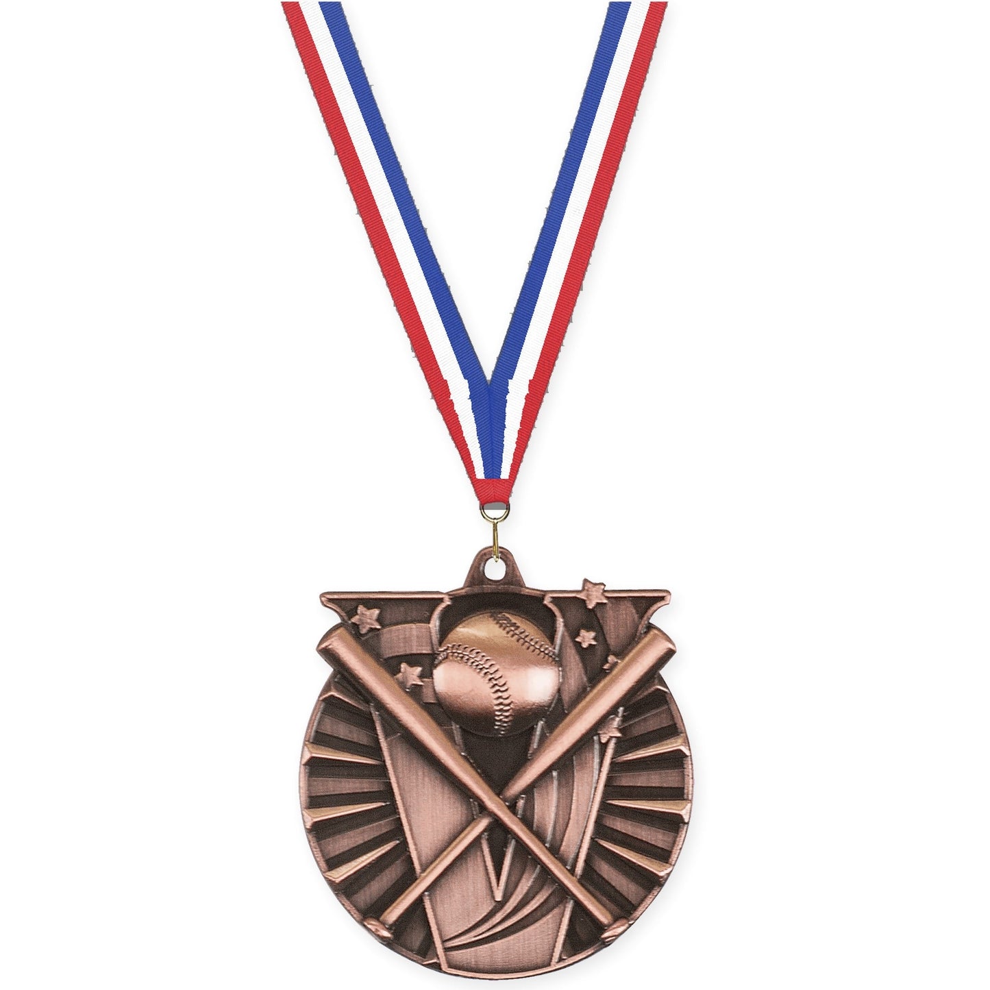 2 inch baseball and softball Victory medal in antique bronze with Red White Blue neck ribbon