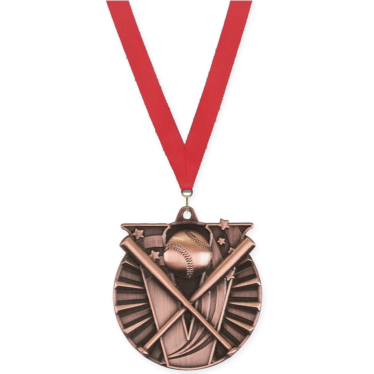 2 inch baseball and softball Victory medal in antique bronze with Red neck ribbon