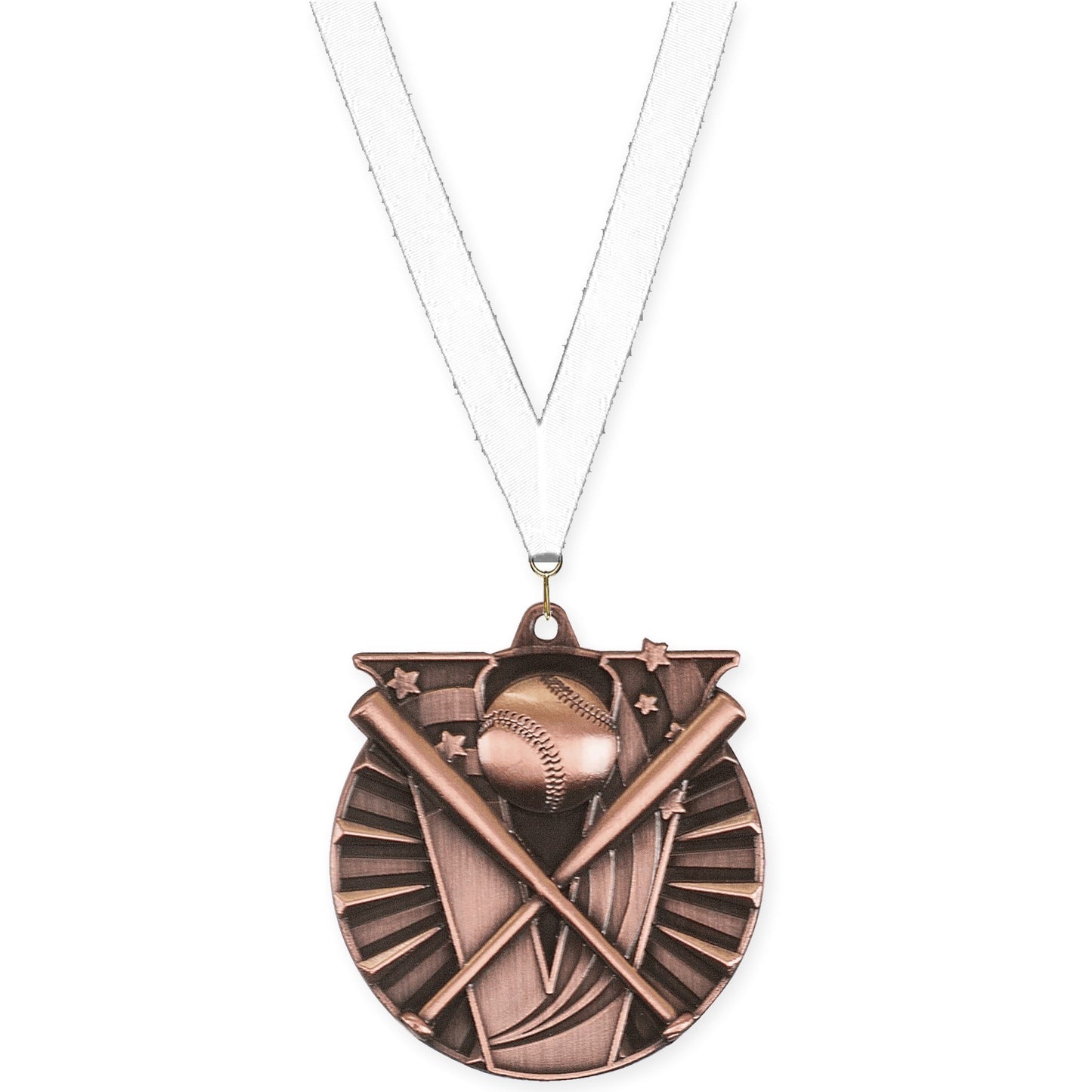2 inch baseball and softball Victory medal in antique bronze with White neck ribbon
