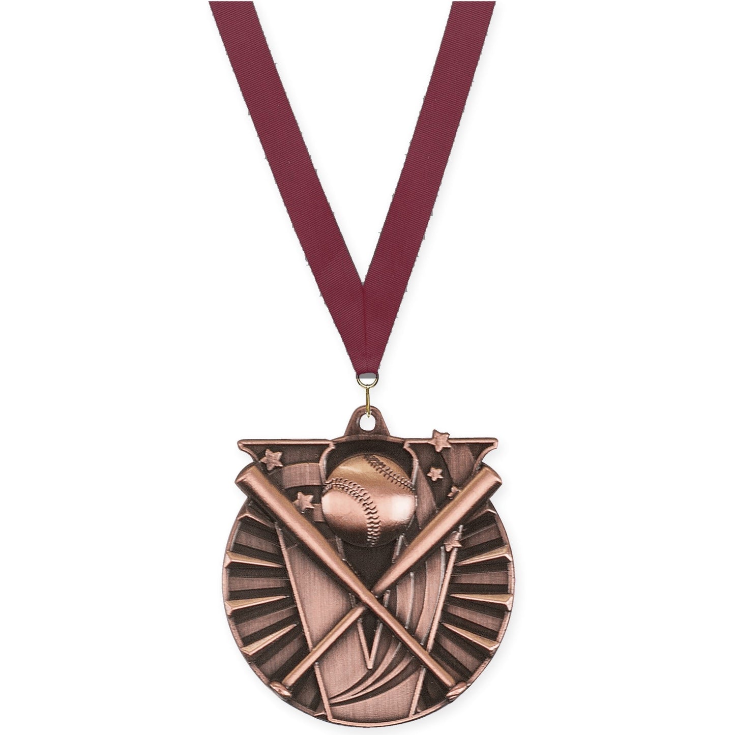 2 inch baseball and softball Victory medal in antique bronze with Maroon neck ribbon