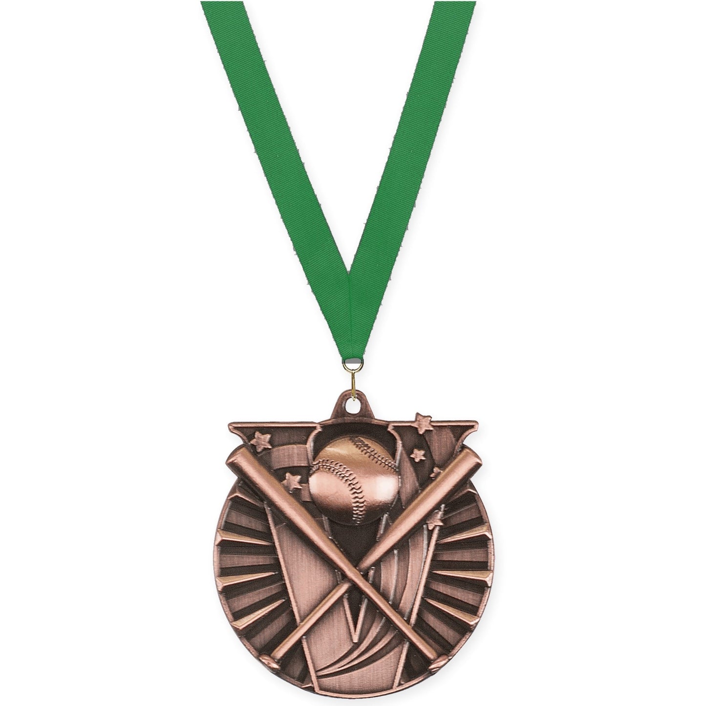 2 inch baseball and softball Victory medal in antique bronze with Green neck ribbon