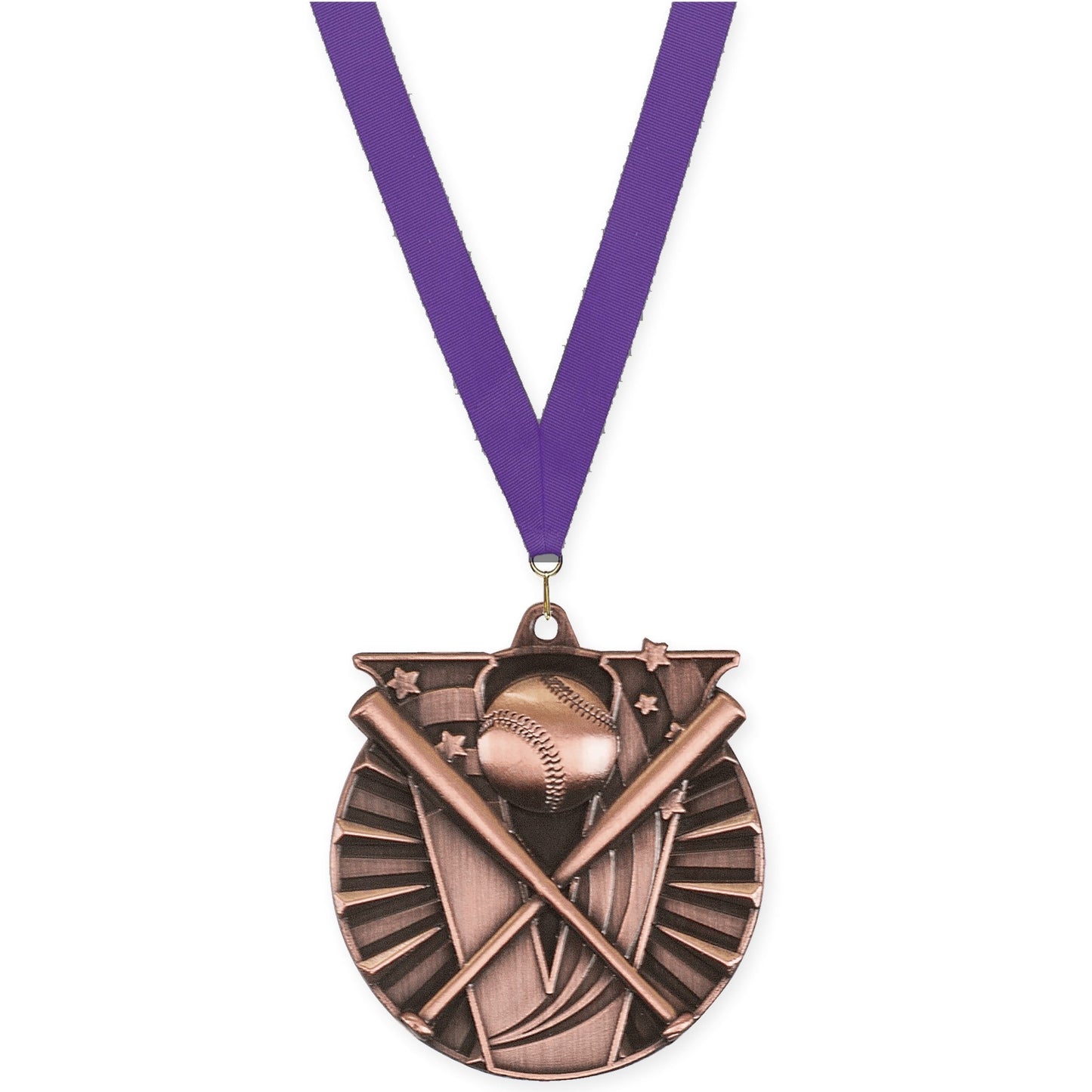 2 inch baseball and softball Victory medal in antique bronze with Purple neck ribbon
