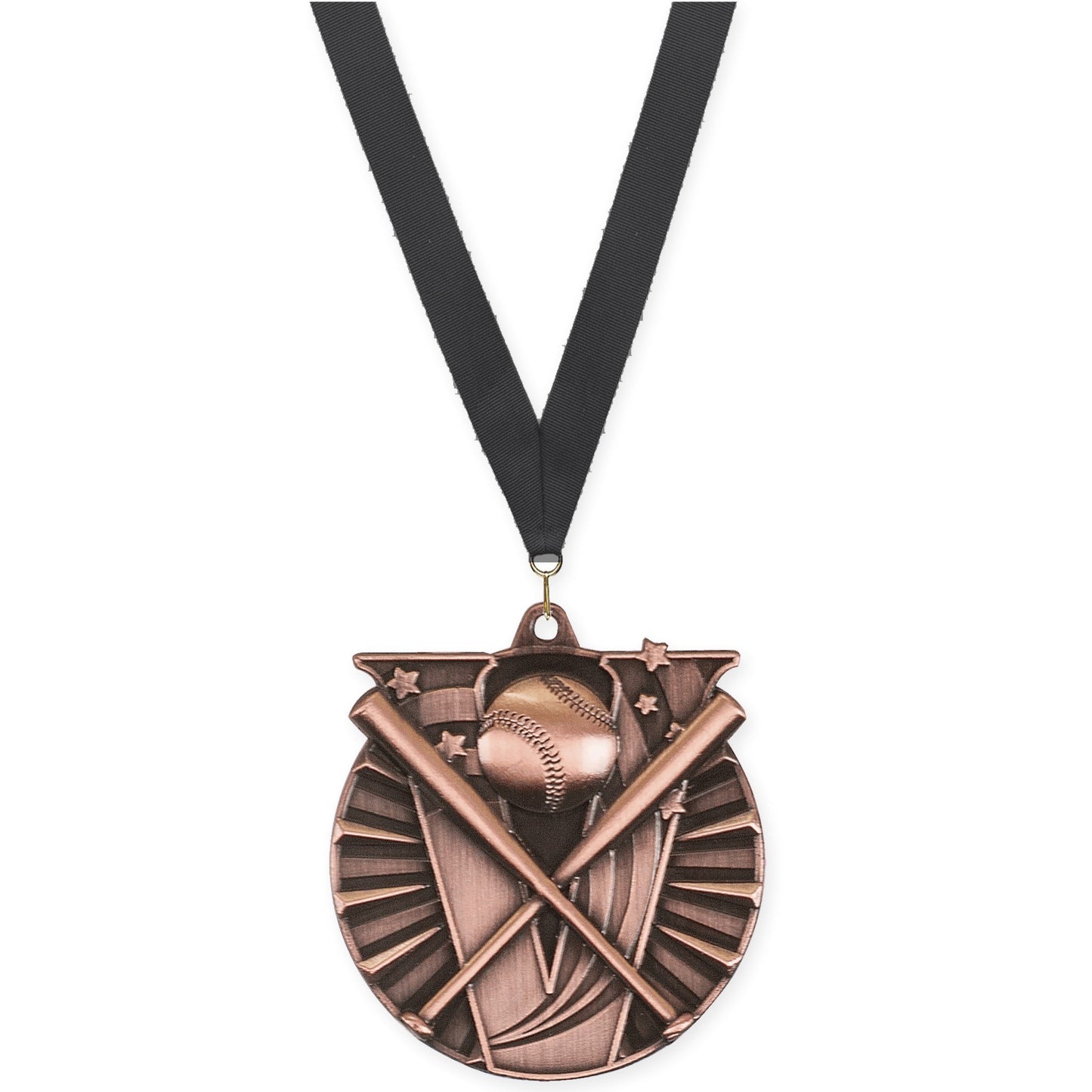 2 inch baseball and softball Victory medal in antique bronze with Black neck ribbon