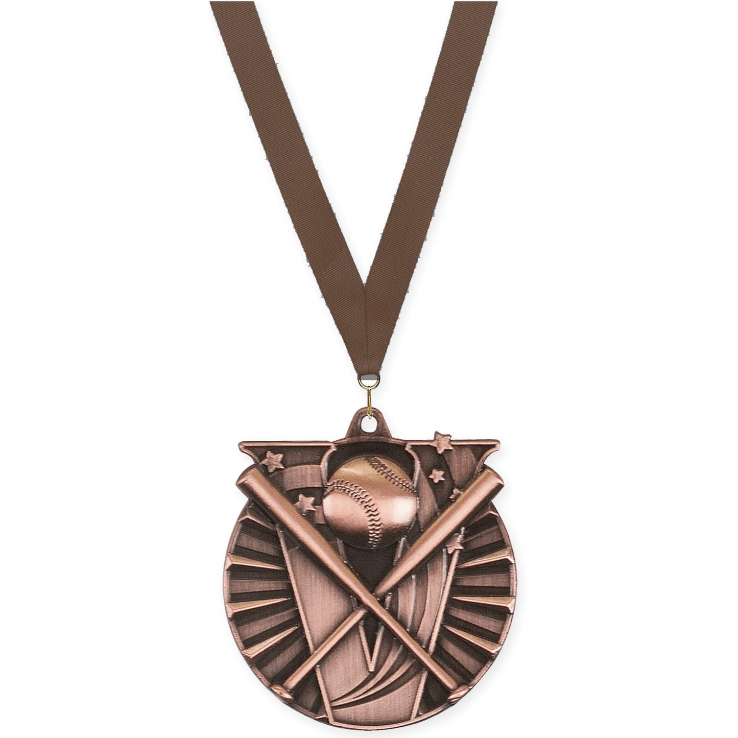 2 inch baseball and softball Victory medal in antique bronze with Brown neck ribbon