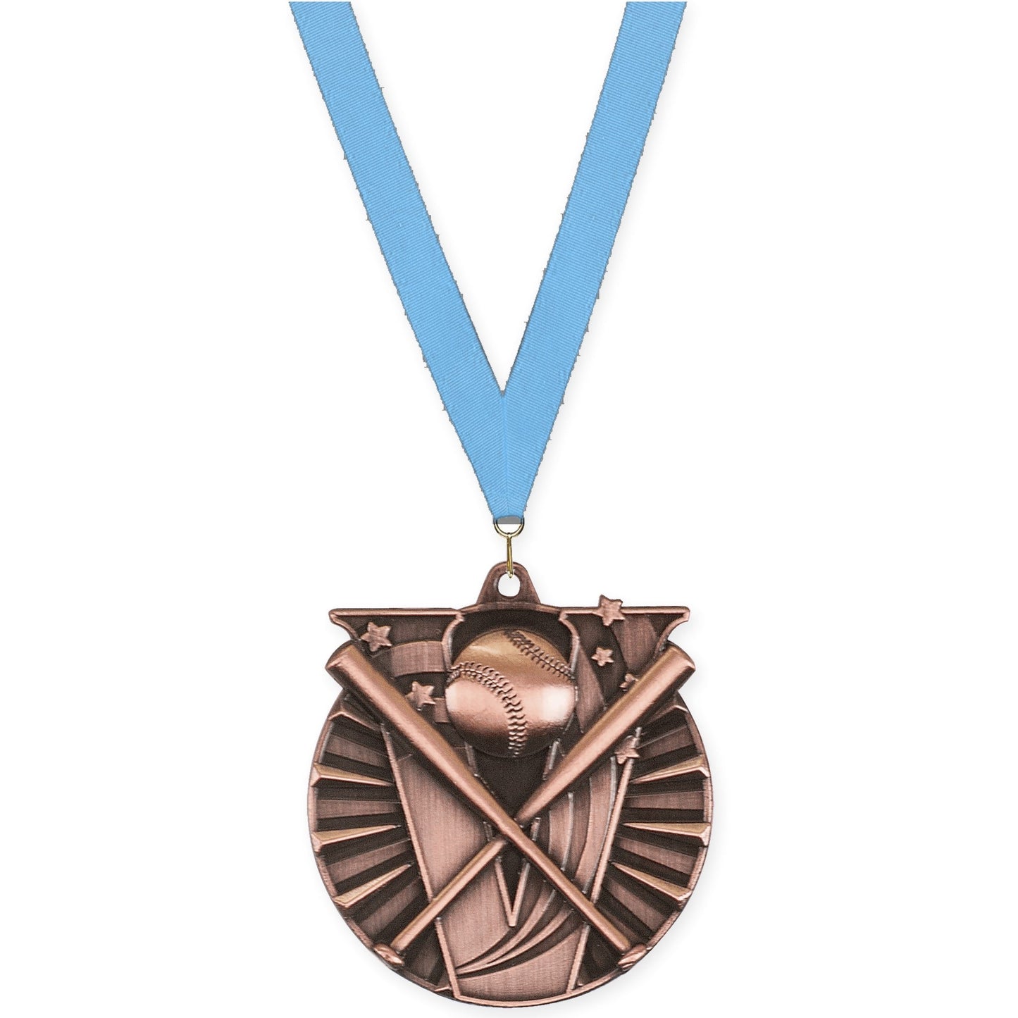 2 inch baseball and softball Victory medal in antique bronze with Light Blue neck ribbon