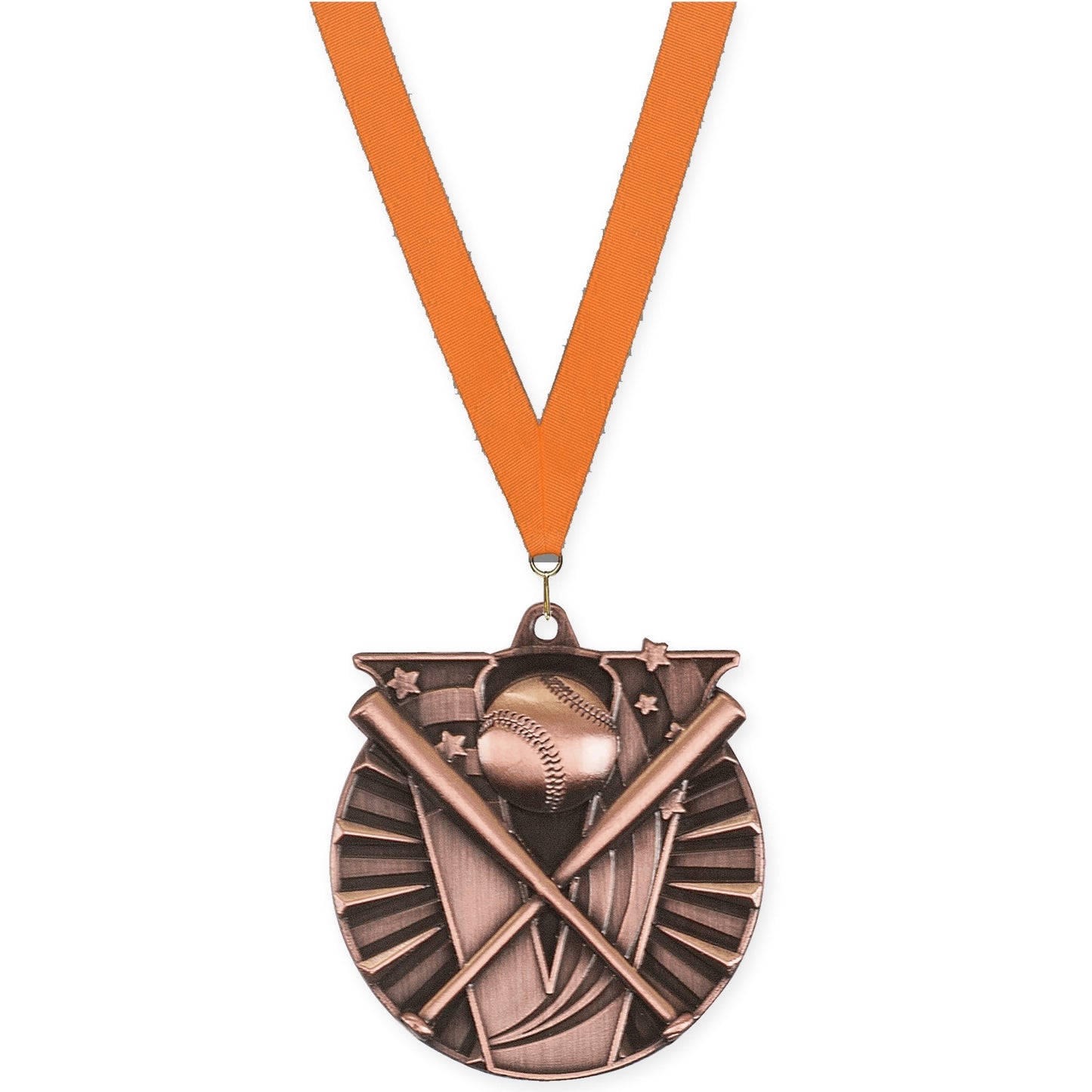 2 inch baseball and softball Victory medal in antique bronze with Orange neck ribbon
