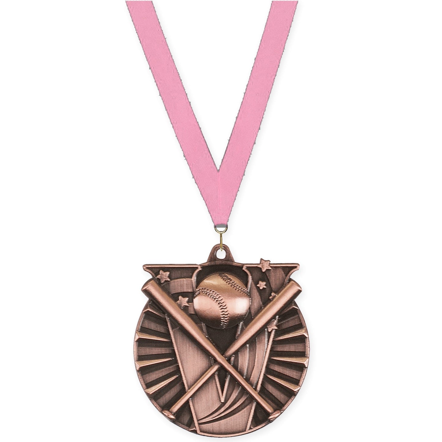 2 inch baseball and softball Victory medal in antique bronze with Pink neck ribbon