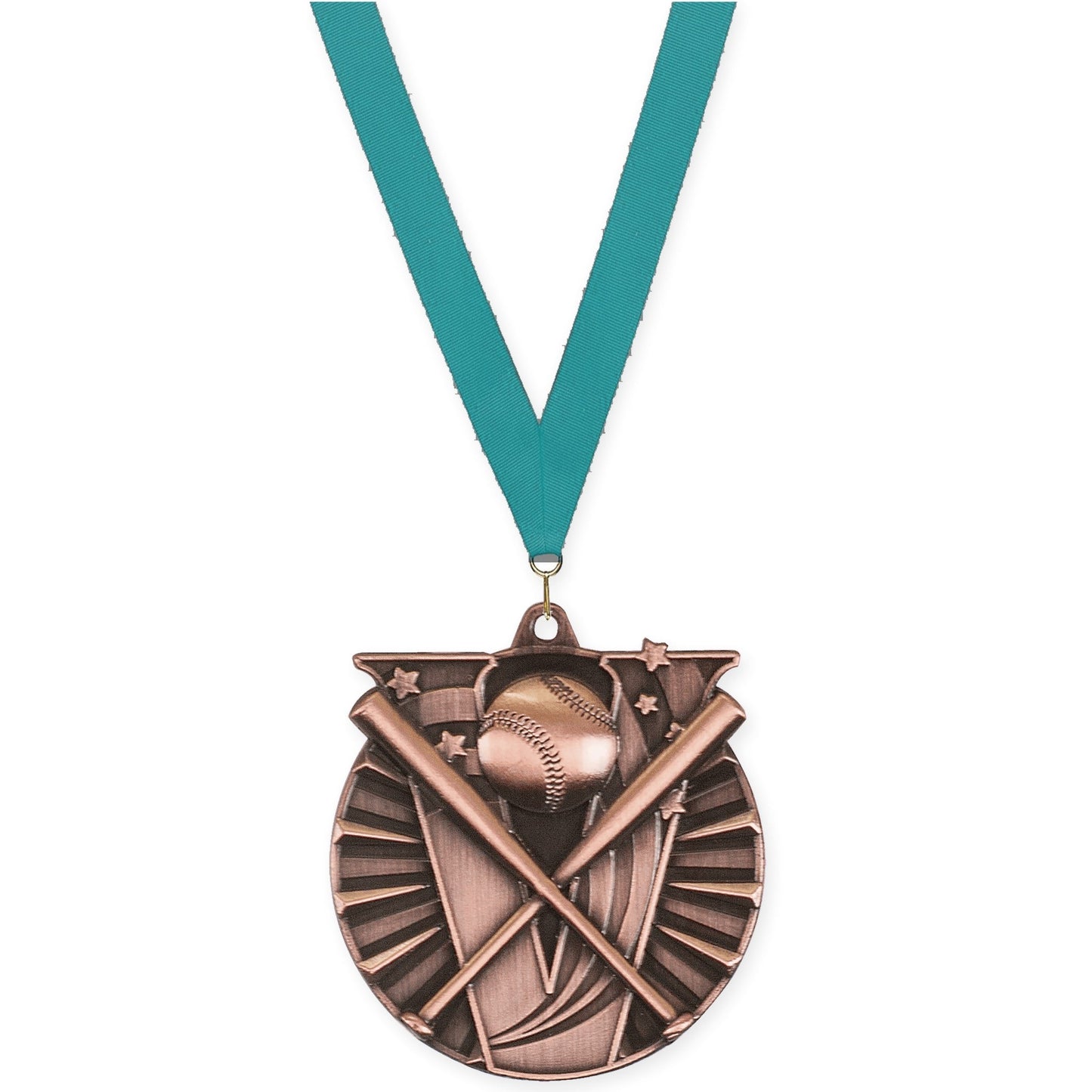 2 inch baseball and softball Victory medal in antique bronze with Teal neck ribbon