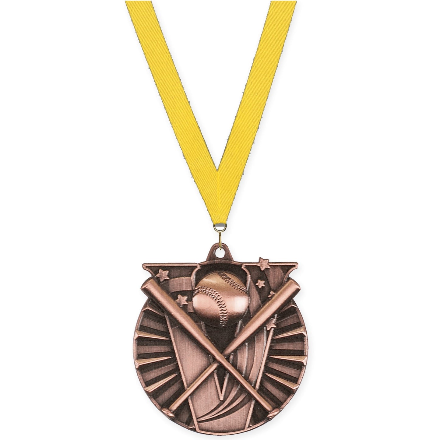 2 inch baseball and softball Victory medal in antique bronze with Yellow neck ribbon